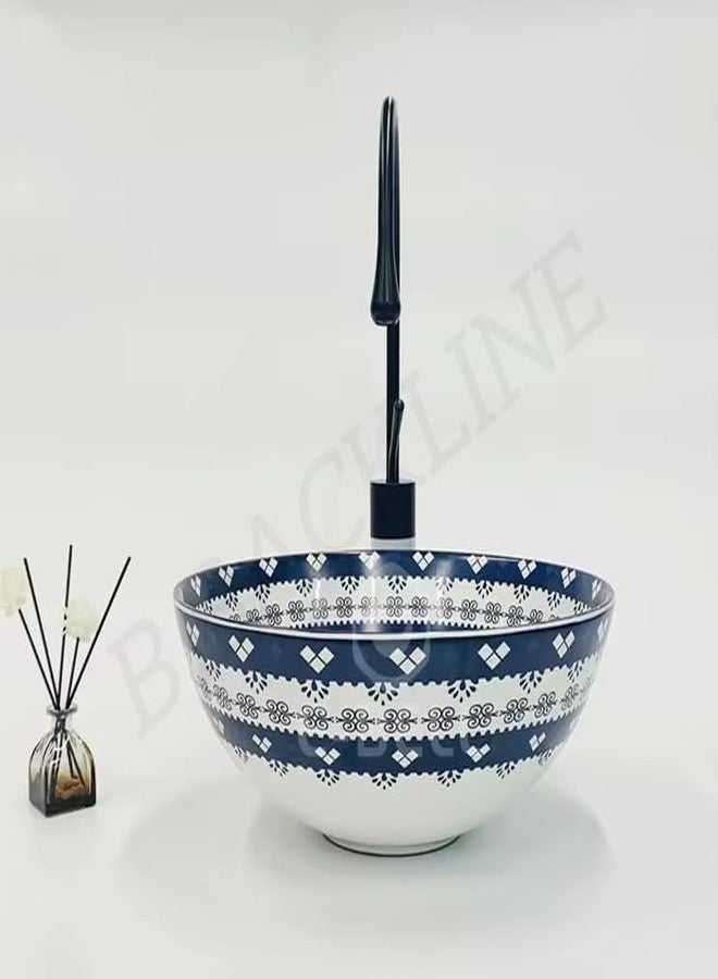 B BACKLINE حوض غسيل مغربي من السيراميك من Backline | حوض غسيل حمام من السيراميك يُوضع على سطح الطاولة | حوض غسيل عصري يُوضع فوق سطح الطاولة | حوض غسيل للحمام 43 × 43 × 12 سم (أزرق داكن مغربي) - Image 4